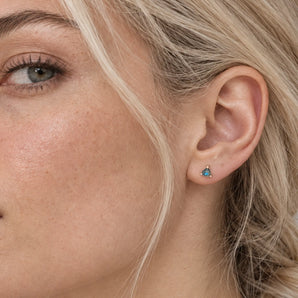 18KT Rose Gold Vermeil Triangle Labradorite Solitaire Stud Earrings - Gentle Resolve Model Shot