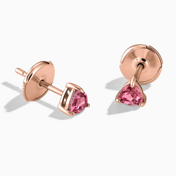 18KT Rose Gold Vermeil Triangle Pink Tourmaline Solitaire Stud Earrings - Gentle Resolve Front View