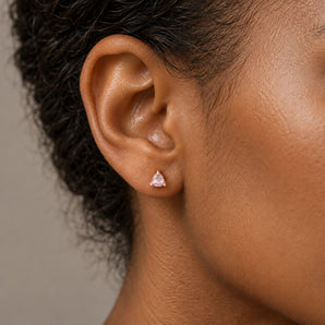18KT Rose Gold Vermeil Triangle Rose Quartz Solitaire Stud Earrings - Gentle Resolve Model Shot