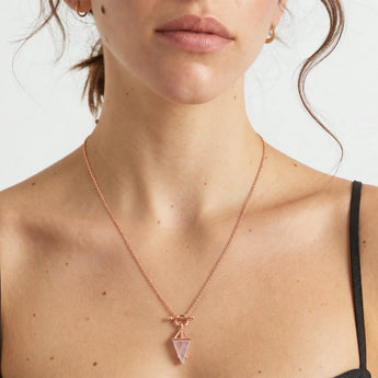 18KT Rose Gold Vermeil Triangle Rose Quartz Toggle Clasp Necklace - Pendulum Model Shot