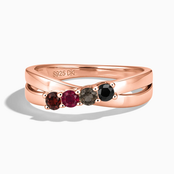 18KT Rose Gold Vermeil Vintage Burgundy Four Round Stone Crossover Ring - Seasons Rhythm Front View