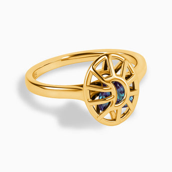 18KT Yellow Gold Vermeil Alexandrite Crescent Moon Hollow Oval Shaker Ring - Soul Cage Angled Front View