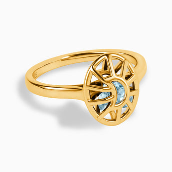 18KT Yellow Gold Vermeil Aquamarine Crescent Moon Hollow Oval Shaker Ring - Soul Cage Angled Front View