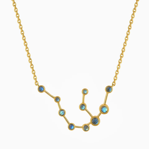 18KT Yellow Gold Vermeil Aquarius Zodiac Constellation Necklace - Labradorite Front View