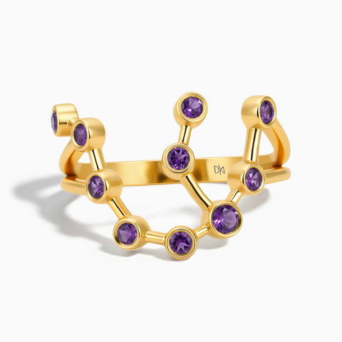 18KT Yellow Gold Vermeil Aquarius Zodiac Constellation Ring - Amethyst Front View