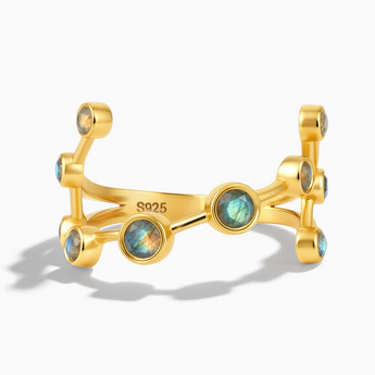 18KT Yellow Gold Vermeil Aquarius Zodiac Constellation Ring - Labradorite Front View