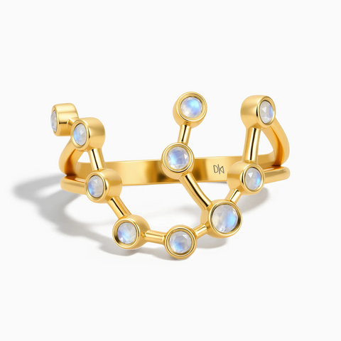 18KT Yellow Gold Vermeil Aquarius Zodiac Constellation Ring - Moonstone Front View