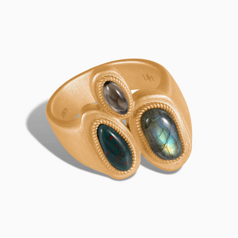 18KT Yellow Gold Vermeil Asymmetrical Labradorite & Bloodstone Vintage Ring - Archipelago Front View