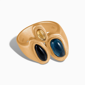 18KT Yellow Gold Vermeil Asymmetrical London Blue Topaz & Black Onyx Vintage Ring - Archipelago Front View