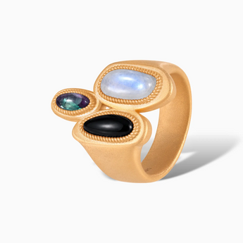 18KT Yellow Gold Vermeil Asymmetrical Moonstone & Black Onyx Vintage Ring - Archipelago Side View