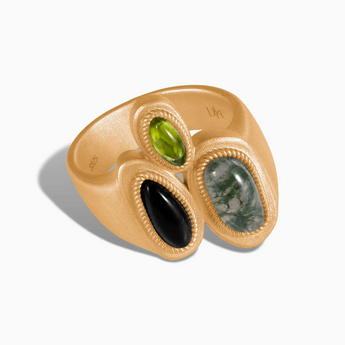18KT Yellow Gold Vermeil Asymmetrical Moss Agate & Black Onyx Vintage Ring - Archipelago Front View