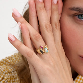 18KT Yellow Gold Vermeil Asymmetrical Opal and Smoky Quartz Vintage Ring Archipelago Model Shot