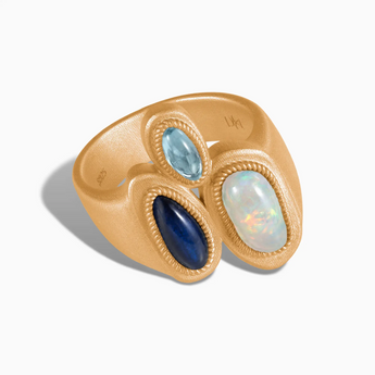 18KT Yellow Gold Vermeil Asymmetrical Opal & Blue Sapphire Vintage Ring - Archipelago Front View