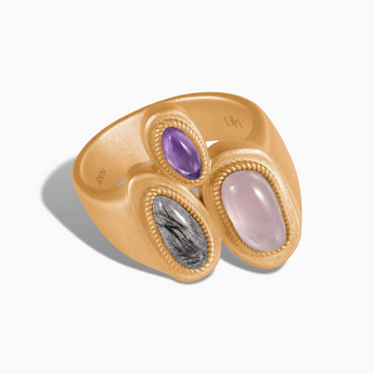 18KT Yellow Gold Vermeil Asymmetrical Rose Quartz & Black Rutilated Quartz Vintage Ring - Archipelago Front View