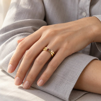 18KT Yellow Gold Vermeil Autumn Twilight Four Round Stone Crossover Ring - Seasons Rhythm Model Shot
