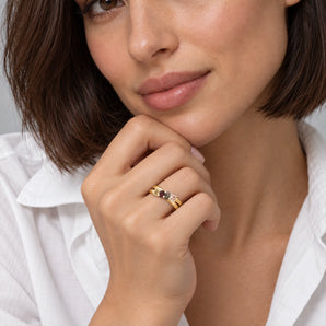 18KT Yellow Gold Vermeil Autumn Twilight Four Round Stone Crossover Ring - Seasons Rhythm Worn View