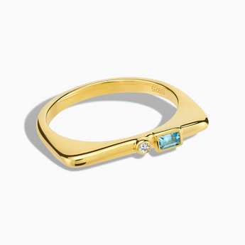 18KT Yellow Gold Vermeil Baguette Aquamarine Puzzle Stacking Ring - Minimal Mood Front View