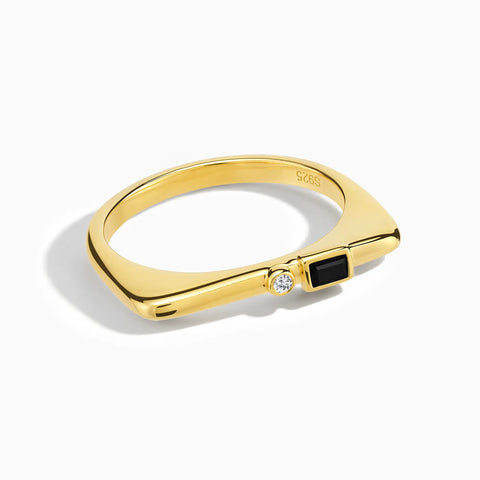 18KT Yellow Gold Vermeil Baguette Black Onyx Puzzle Stacking Ring - Minimal Mood Front View