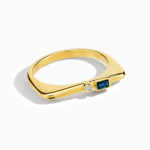 18KT Yellow Gold Vermeil Baguette London Blue Topaz Puzzle Stacking Ring - Minimal Mood Front View