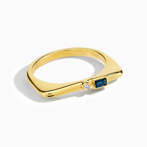18KT Yellow Gold Vermeil Baguette London Blue Topaz Puzzle Stacking Ring - Minimal Mood Front View