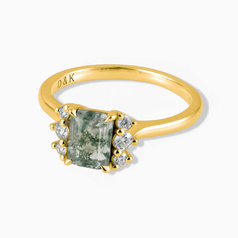 18KT Yellow Gold Vermeil Baguette Moss Agate Ring – Seraph Front View