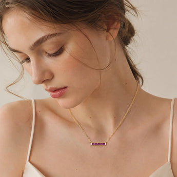18KT Yellow Gold Vermeil Baguette Pink Tourmaline Bar Necklace - Lucid Line Model Shot