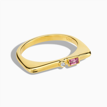18KT Yellow Gold Vermeil Baguette Pink Tourmaline Puzzle Stacking Ring - Minimal Mood Front View