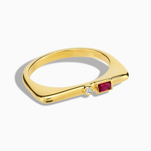 18KT Yellow Gold Vermeil Baguette Ruby Puzzle Stacking Ring - Minimal Mood Front View