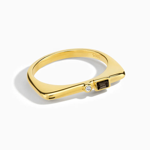 18KT Yellow Gold Vermeil Baguette Smoky Quartz Puzzle Stacking Ring - Minimal Mood Front View