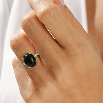 18KT Yellow Gold Vermeil Black Onyx Cabochon Ring - Minimal Spiritual Worn View