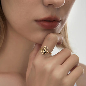 18KT Yellow Gold Vermeil Black Onyx Crescent Moon Hollow Oval Shaker Ring - Soul Cage Worn View