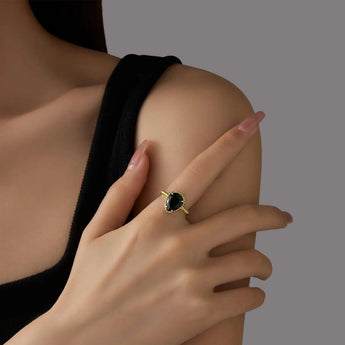18KT Yellow Gold Vermeil Black Onyx Pear Ring - Still Light Model Shot