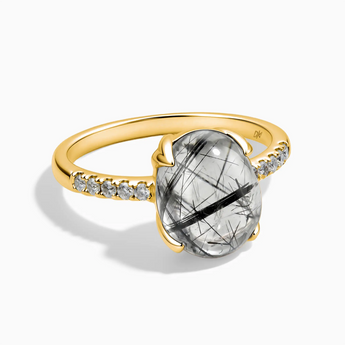 18KT Yellow Gold Vermeil Black Rutilated Quartz Cabochon Ring - Minimal Spiritual Front View