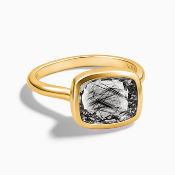 18KT Yellow Gold Vermeil Black Rutilated Quartz Cushion Ring - Pure Hush Front View