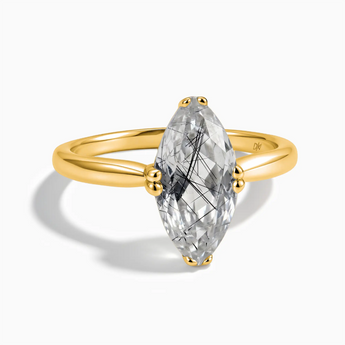 18KT Yellow Gold Vermeil Black Rutilated Quartz Marquise Ring - Silent Glowl Front View
