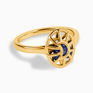 18KT Yellow Gold Vermeil Blue Sapphire Crescent Moon Hollow Oval Shaker Ring - Soul Cage Angled Front View