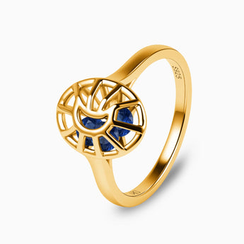 18KT Yellow Gold Vermeil Blue Sapphire Crescent Moon Hollow Oval Shaker Ring - Soul Cage Side View