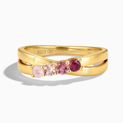 18KT Yellow Gold Vermeil Blush Romance Four Round Stone Crossover Ring - Seasons Rhythm Front View