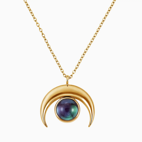 18KT Yellow Gold Vermeil Cabochon Alexandrite Crescent Moon Necklace - Lunar Halo Front View