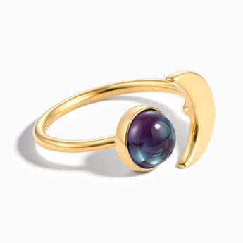 18KT Yellow Gold Vermeil Cabochon Alexandrite Crescent Open Ring - Cosmic Path Front View
