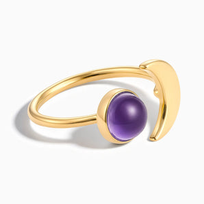 18KT Yellow Gold Vermeil Cabochon Amethyst Crescent Open Ring - Cosmic Path Front View