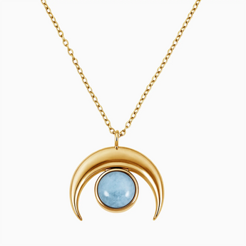 18KT Yellow Gold Vermeil Cabochon Aquamarine Crescent Moon Necklace - Lunar Halo Front View