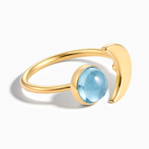 18KT Yellow Gold Vermeil Cabochon Aquamarine Crescent Open Ring - Cosmic Path Front View