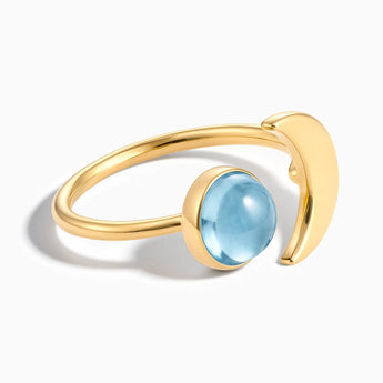18KT Yellow Gold Vermeil Cabochon Aquamarine Crescent Open Ring - Cosmic Path Front View