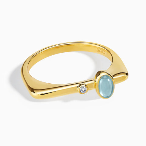 18KT Yellow Gold Vermeil Cabochon Aquamarine Puzzle Stacking Ring - Minimal Bubble Front View
