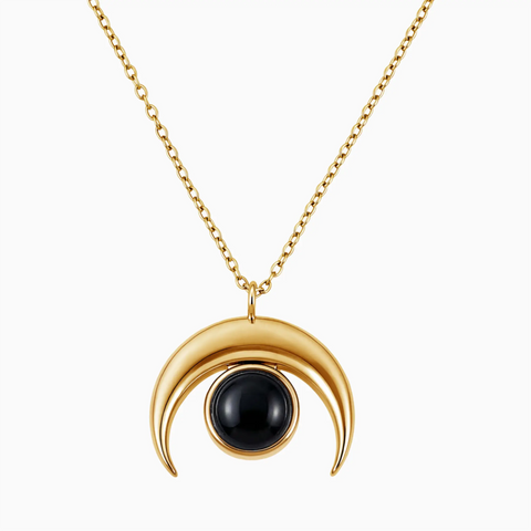 18KT Yellow Gold Vermeil Cabochon Black Onyx Crescent Moon Necklace - Lunar Halo Front View