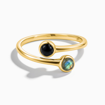 18KT Yellow Gold Vermeil Cabochon Black Onyx & Labradorite Ring - Twins Collection Front View