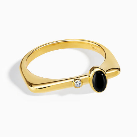 18KT Yellow Gold Vermeil Cabochon Black Onyx Puzzle Stacking Ring - Minimal Bubble Front View