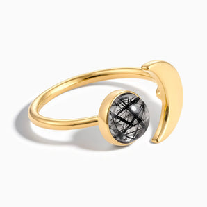18KT Yellow Gold Vermeil Cabochon Black Rutilated Quartz Crescent Open Ring - Cosmic Path Front View