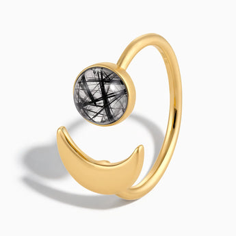 18KT Yellow Gold Vermeil Cabochon Black Rutilated Quartz Crescent Open Ring - Cosmic Path Side View
